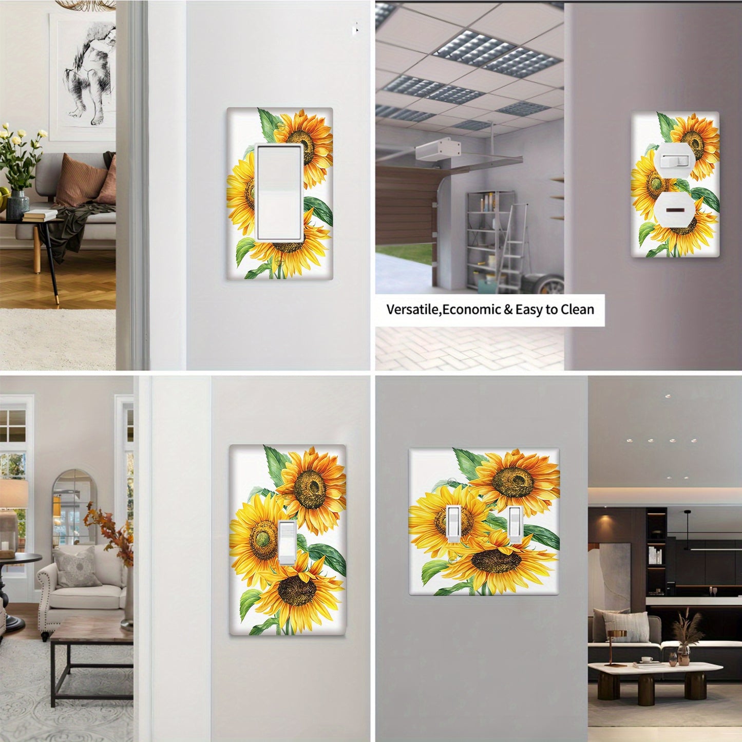 Watercolor sunflowers print light switch plate covers with small light for 1 or 2 gang switches.