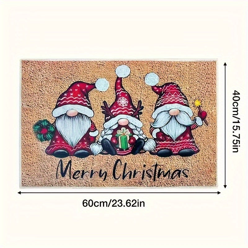 Welcome guests in style with this Christmas-themed door mat featuring a festive gnome design. Made with non-slip polyester fiber, this entry rug is perfect for both indoor and outdoor use. Easy to clean with a hand washable design. Perfect for adding