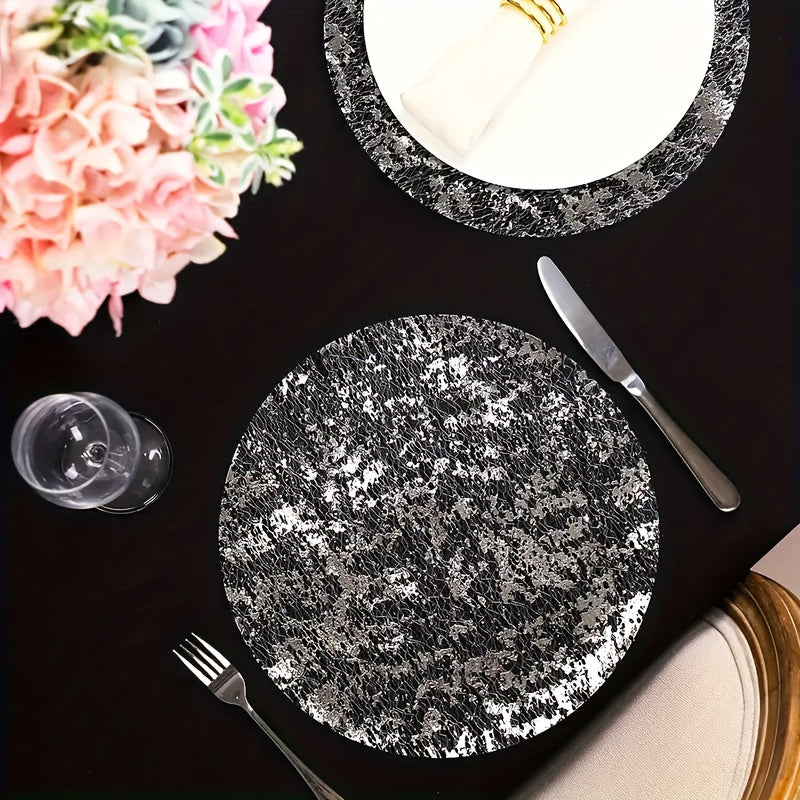 50 disposable round place mats, featuring a metallic design perfect for weddings and parties. Use these festive banquet table mats to add a touch of elegance to your event.