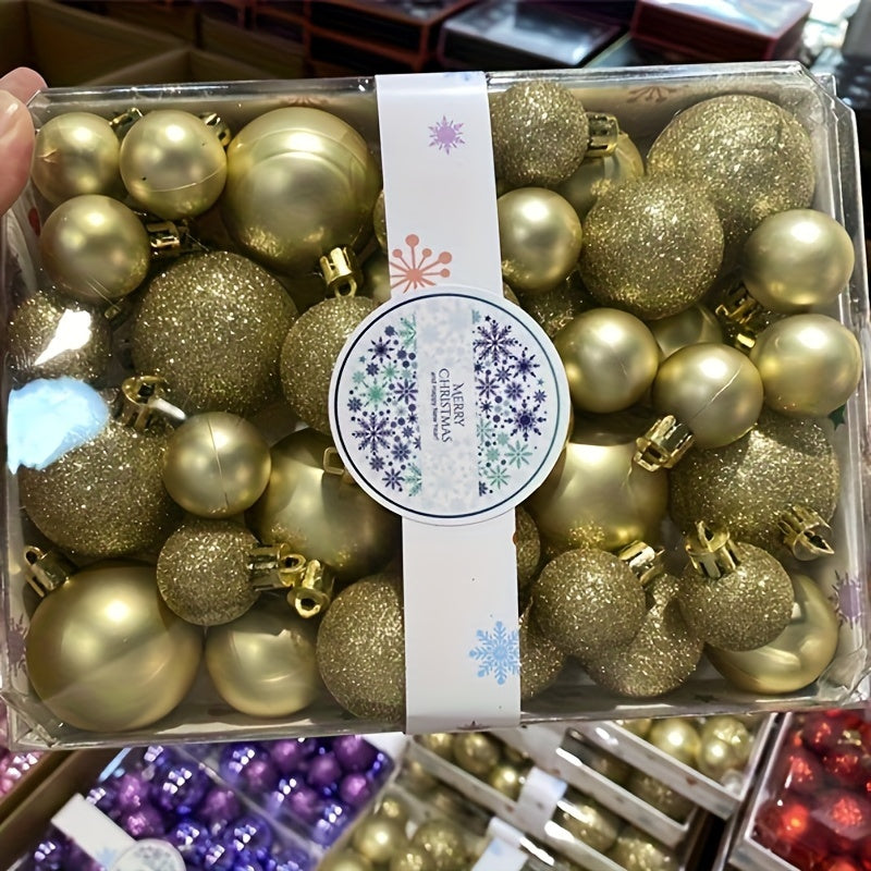 42-pack of golden glitter Christmas ornaments, plastic festive tree decorations for holiday decoration, battery-free party supplies.