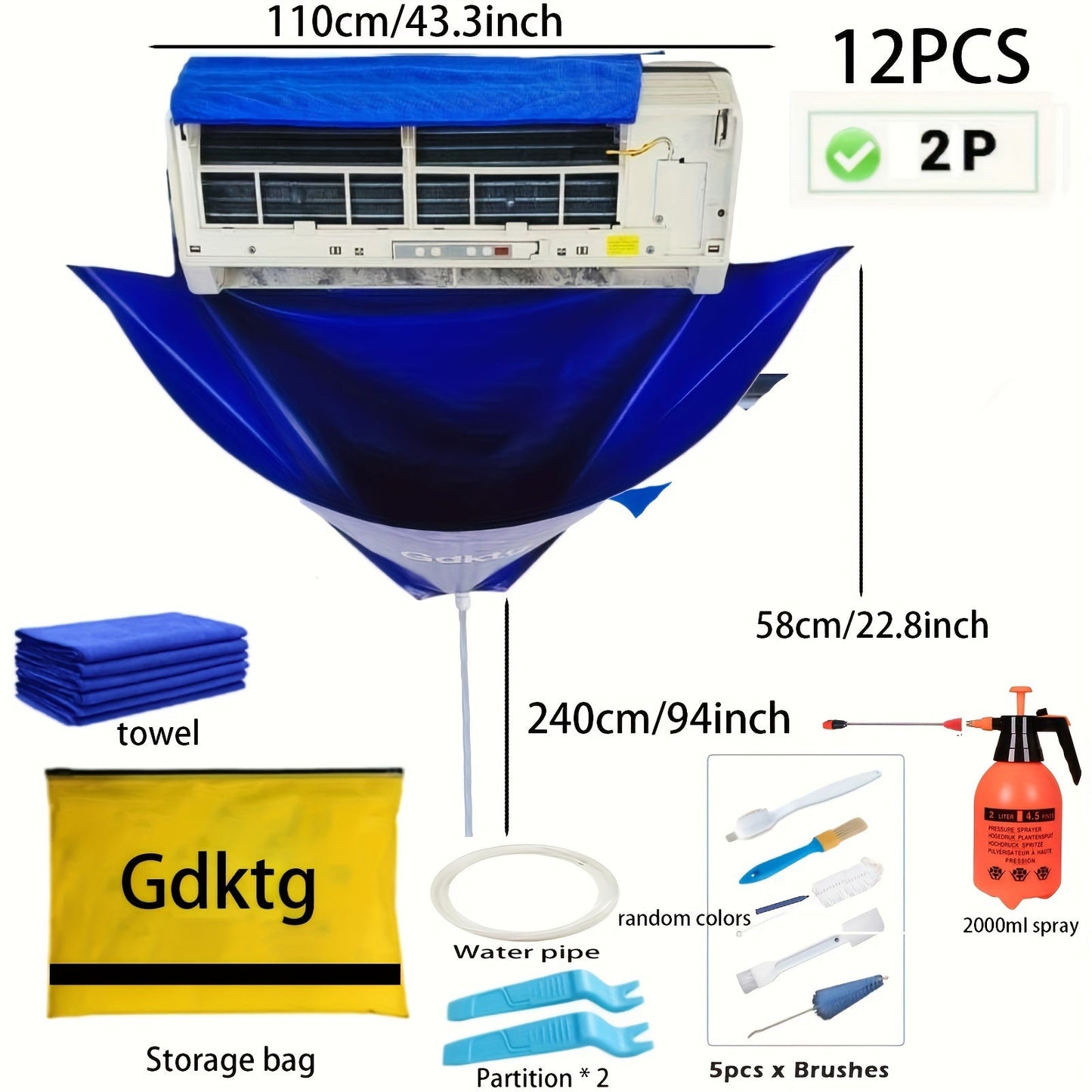 Набор из 12 больших инструментов для чистки кондиционера - включает моющиеся чехлы 95,0 см и 119,38 см с дренажной трубой, не требует электричества - идеально подходит для обслуживания вашего кондиционера в летний сезон