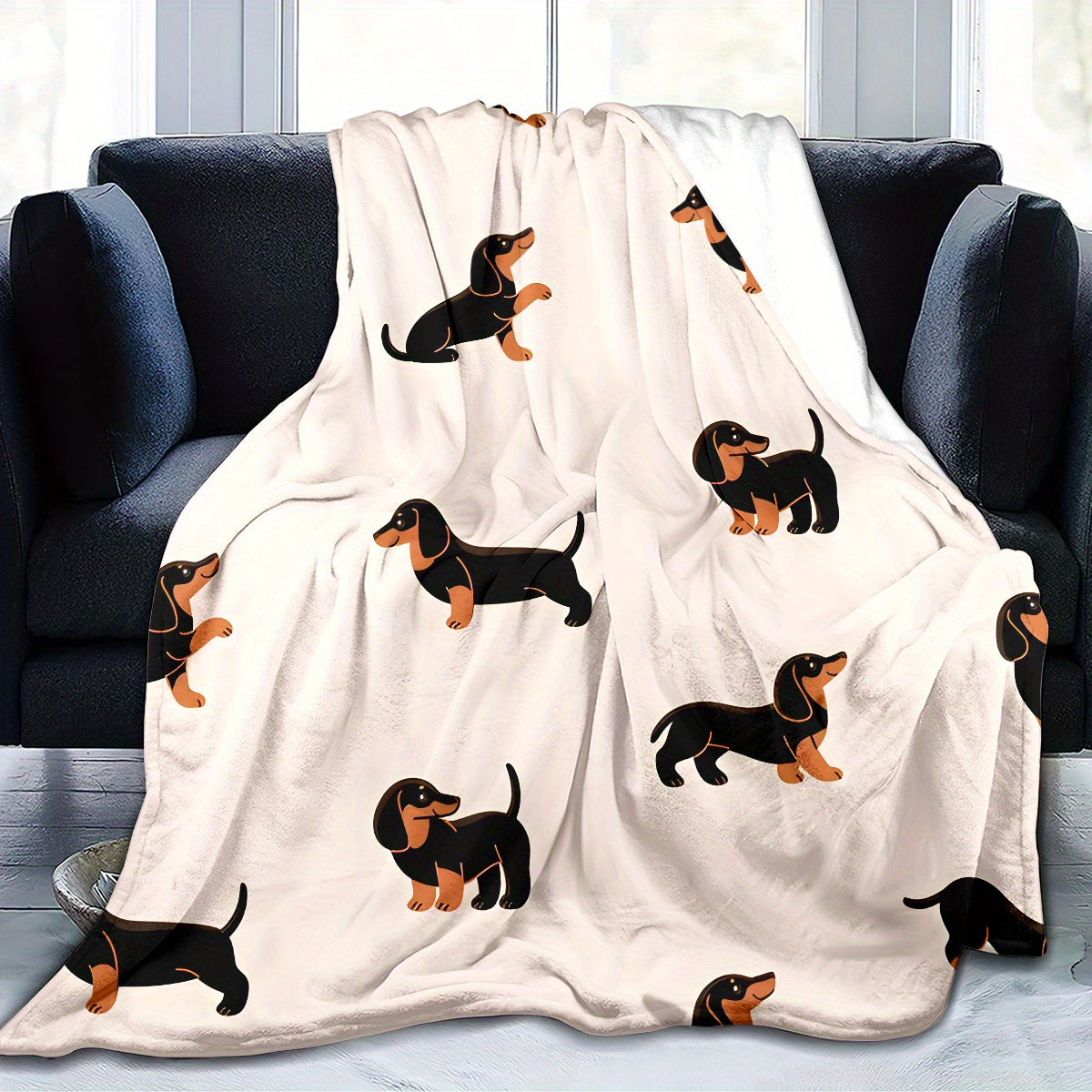 Bohemian Style Dachshund Print Flannel Throw Blanket - Lightweight, Soft and Cozy, All-Season Use, Knitted Polyester Material, Digital Print Design, Quilted Pattern, Hypoallergenic - Hand Wash Only, 250-300gsm