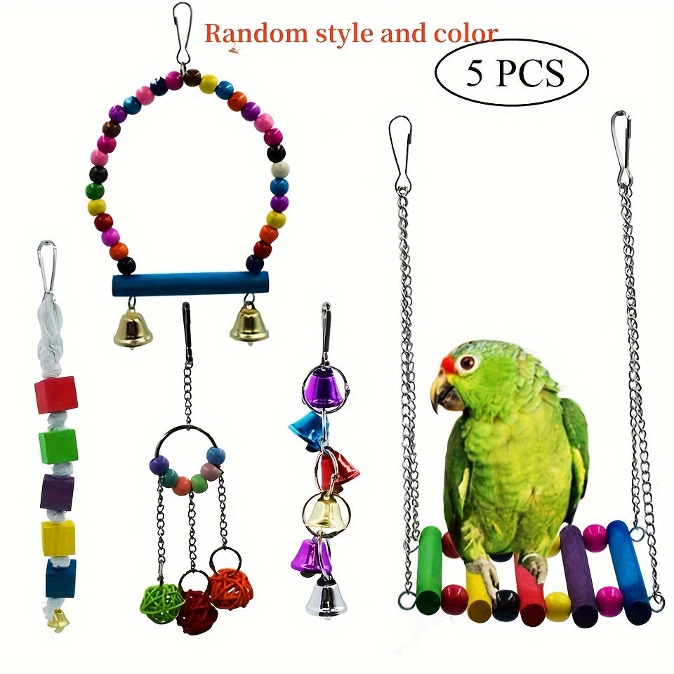 Bird toy set with swing, climbing ladder, stairs, colorful bells, and chew toys for small and medium parrots to relieve boredom and provide educational training. Available in sets of 3, 5