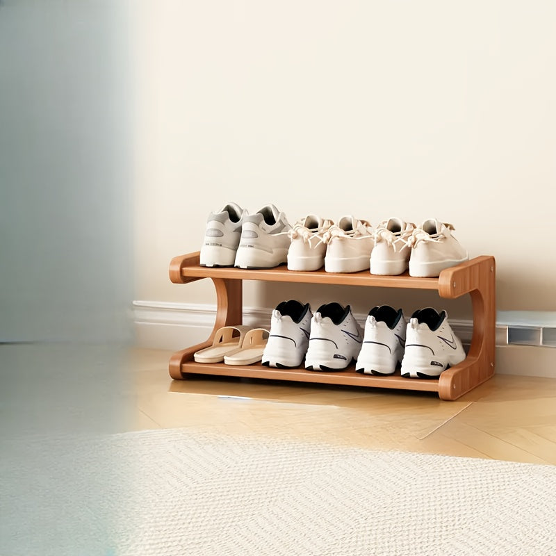 This wooden shoe rack features two layers, measuring 19.7 inches in width. It comes equipped with independent square storage boxes and a stylish wood grain paint finish. Easy to assemble, this rack is ideal for dormitory entrances, offering a narrow and