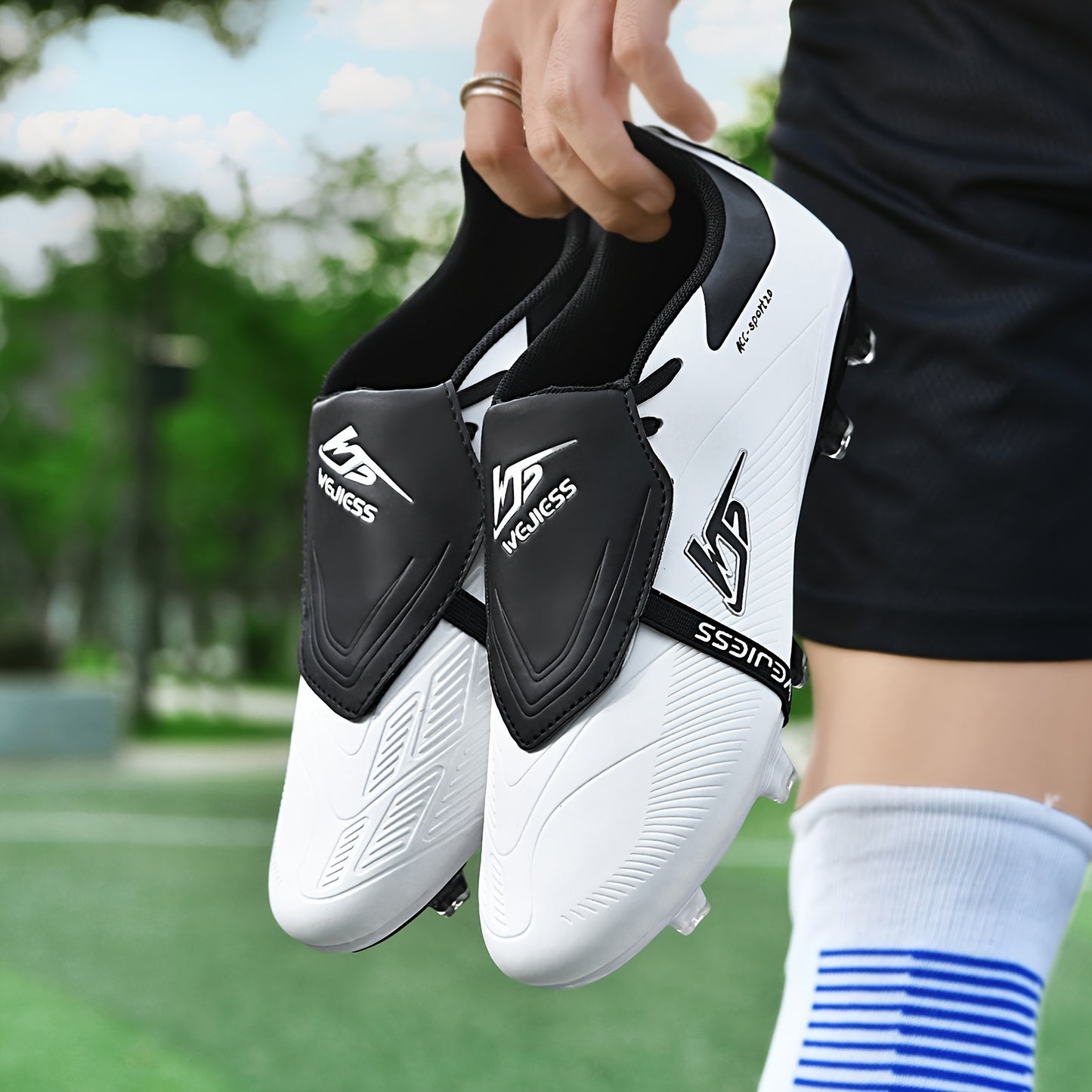 Men's High-Top Soccer Cleats with Anti-Slip Spikes, Breathable Design, Lightweight, Hook-and-loop Fastener, Black & White, Competition Soccer Cleats with Breathable Lining.