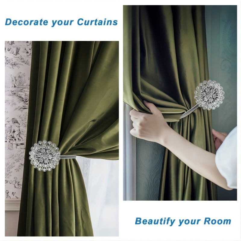 Decorate your home or office with a magnetic strip for curtains featuring a dazzling crystal flower tieback that includes a high elastic spring wire.