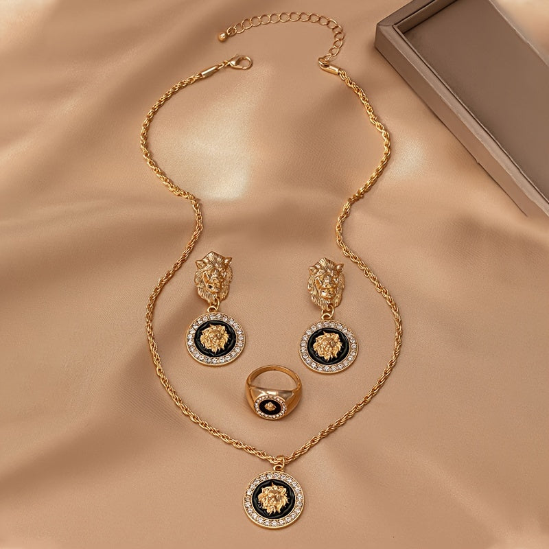 A set of European and American retro elegant temperament lion head jewelry, including an enamel charm necklace, a pair of charm earrings, and a ring adorned with lion heads.