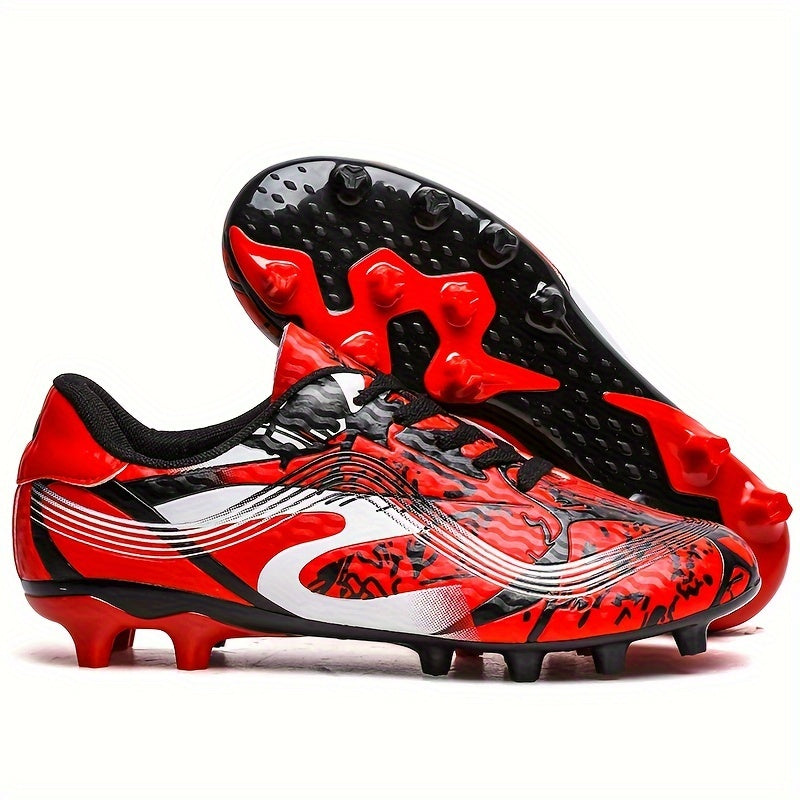 Men's Red & Black High-Top Soccer Cleats with Long Studs, Breathable PU Upper, Durable Rubber Sole for Sports, Running, and Training - All-Season Use