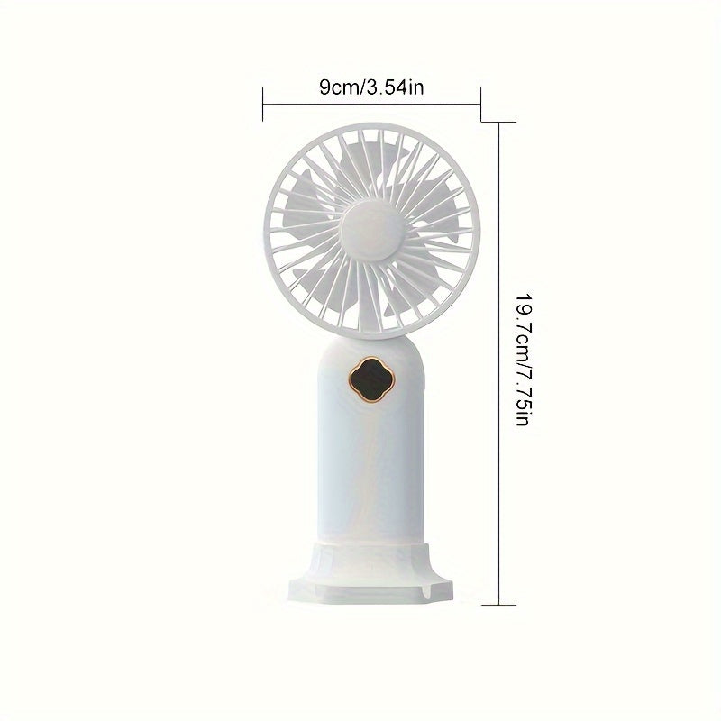 Portable table fan with USB charging and phone holder, lithium battery, quiet operation, 3 speeds, suitable for indoor use. Features intelligent digital display, made of plastic with button control and various components.