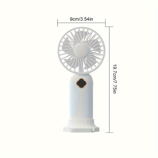 Portable table fan with USB charging and phone holder, lithium battery, quiet operation, 3 speeds, suitable for indoor use. Features intelligent digital display, made of plastic with button control and various components.