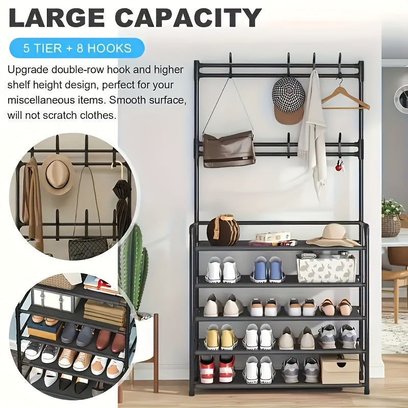 Multi-functional 4/5-Tier Entryway Organizer featuring a Shoe Rack and Hooks - Excellent for storing Keys, Coats, Hats, and Umbrellas - Great for use in Home, Office, or Dormitory Settings.