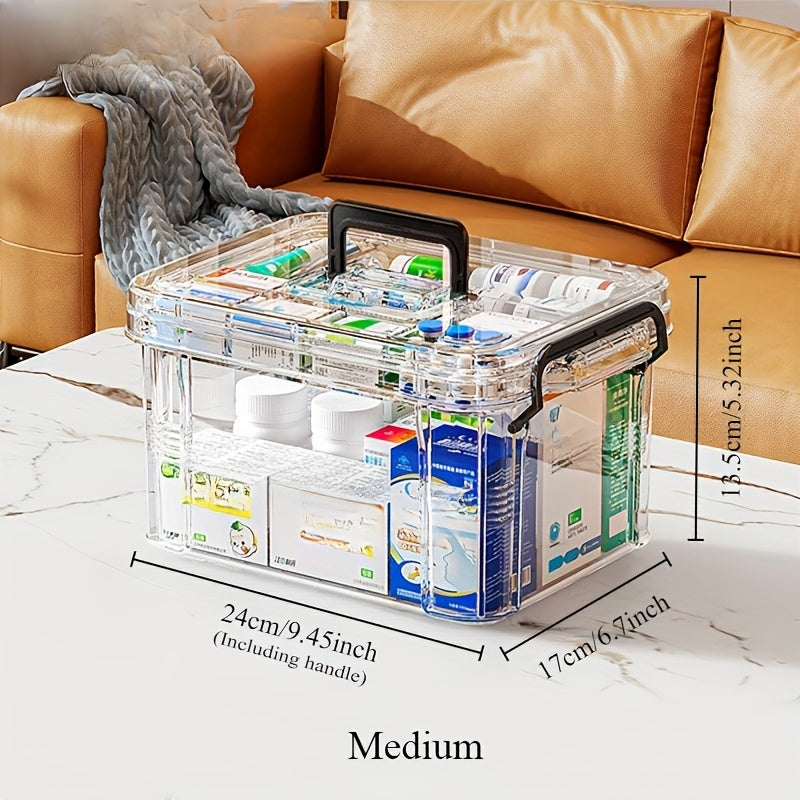 Large waterproof family medicine organizer with double-layer, transparent storage box for home and travel organization.