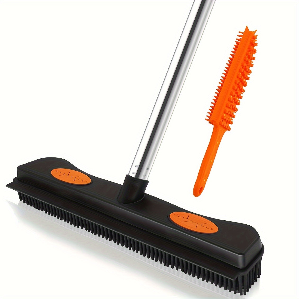 Easily remove pet hair with our 2-in-1 Broom and Carpet Rake featuring a Squeegee attachment. This ergonomic tool has rubber bristles for thorough cleaning, a stainless steel handle, and is perfect for tackling fur and dust from dogs and cats. Ideal for