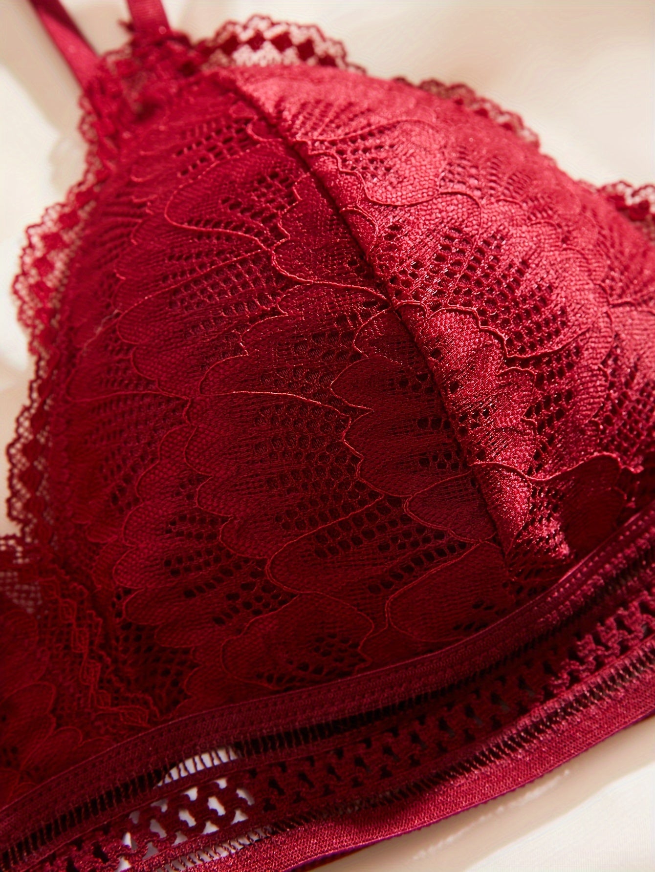 Valentine's Day lingerie sets with lace bras, wireless bras, and scallop trim panties for women.