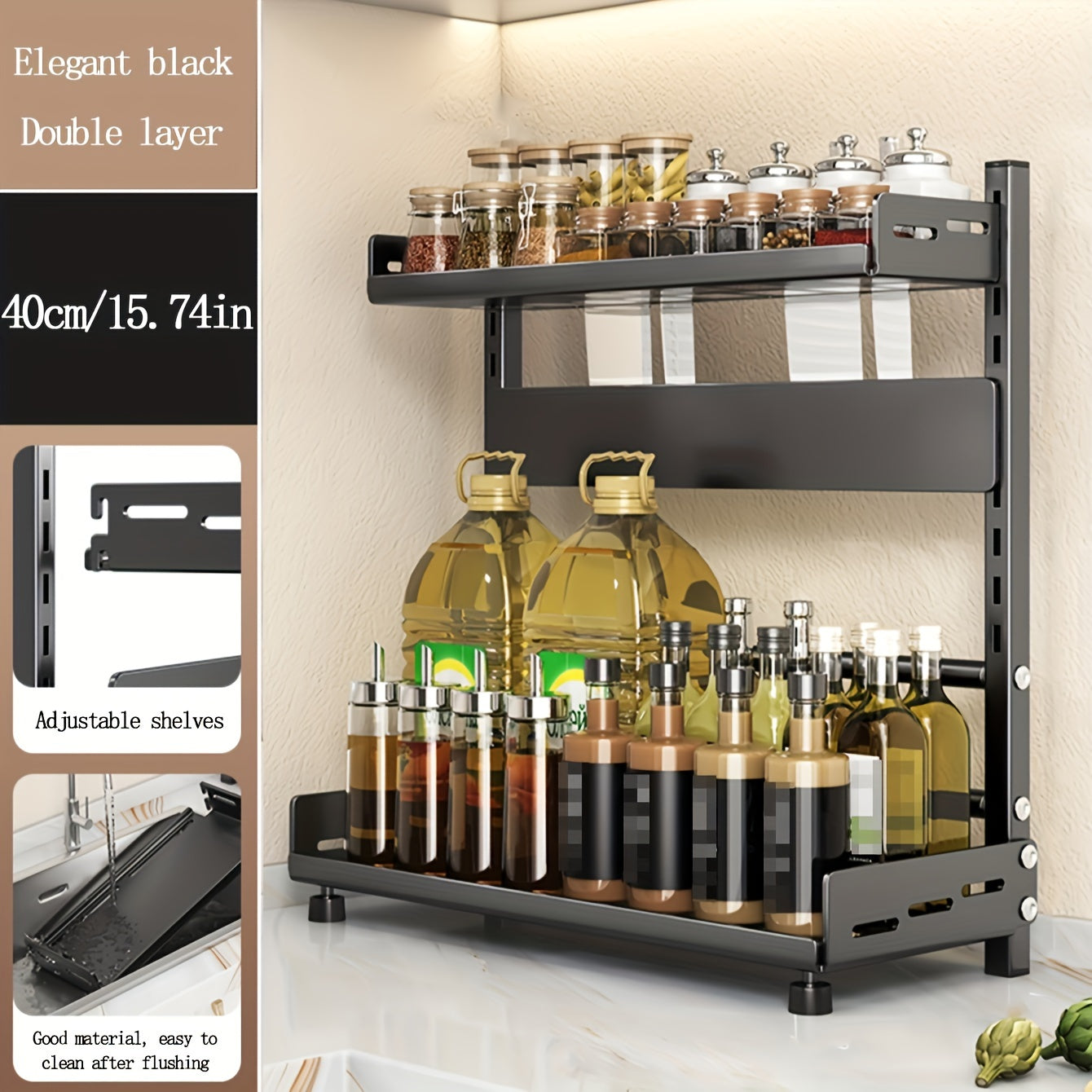 Sleek 3-Level Spice Rack - Stylish Stainless Steel and Plastic Organizer for Kitchen, Home, and Dining Area