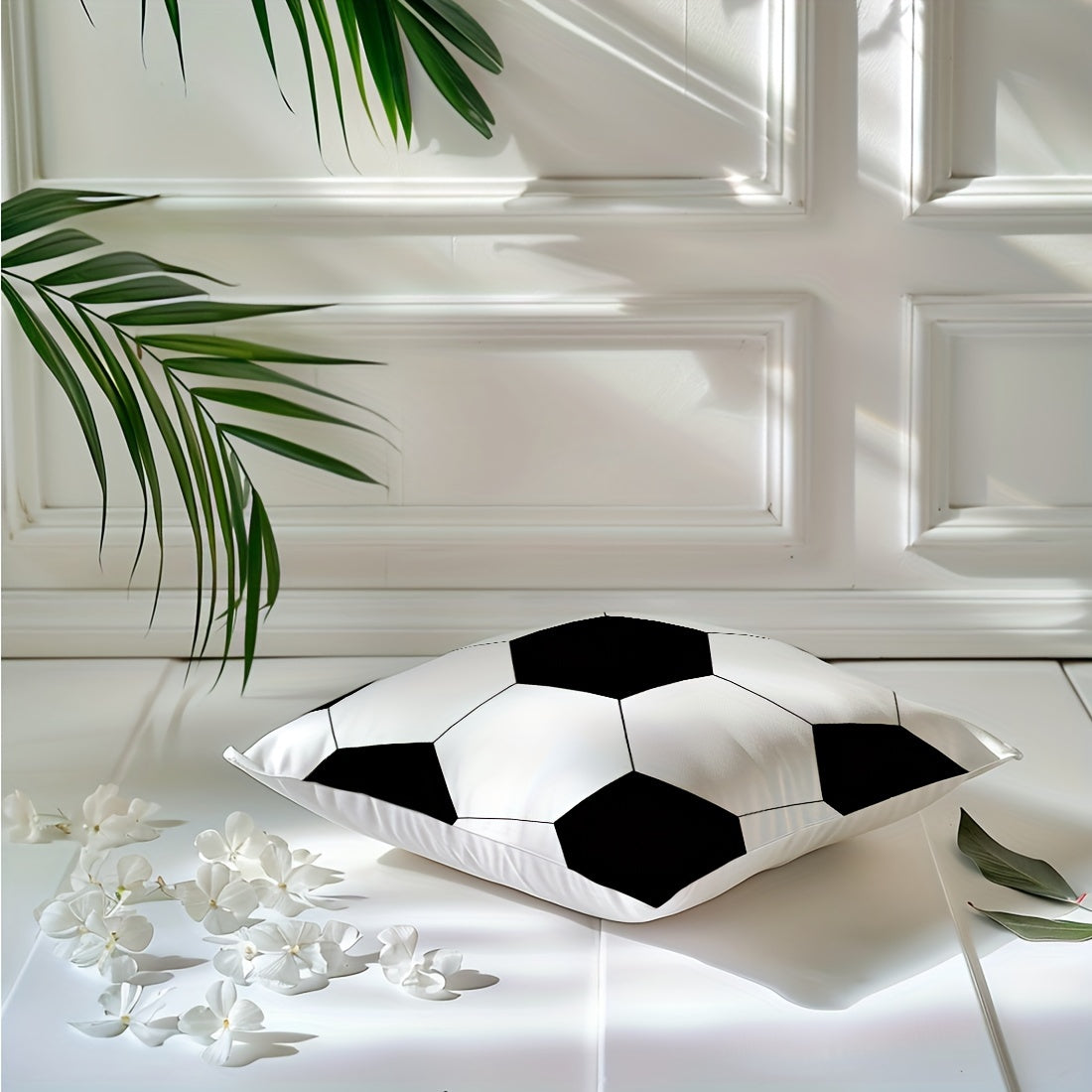 Soccer ball print pillow cover, soft polyester, 45x45cm, black & white hexagonal design, zipper closure, machine washable. Perfect for sofa, bedroom, and living room décor. Ideal for couch pillows.