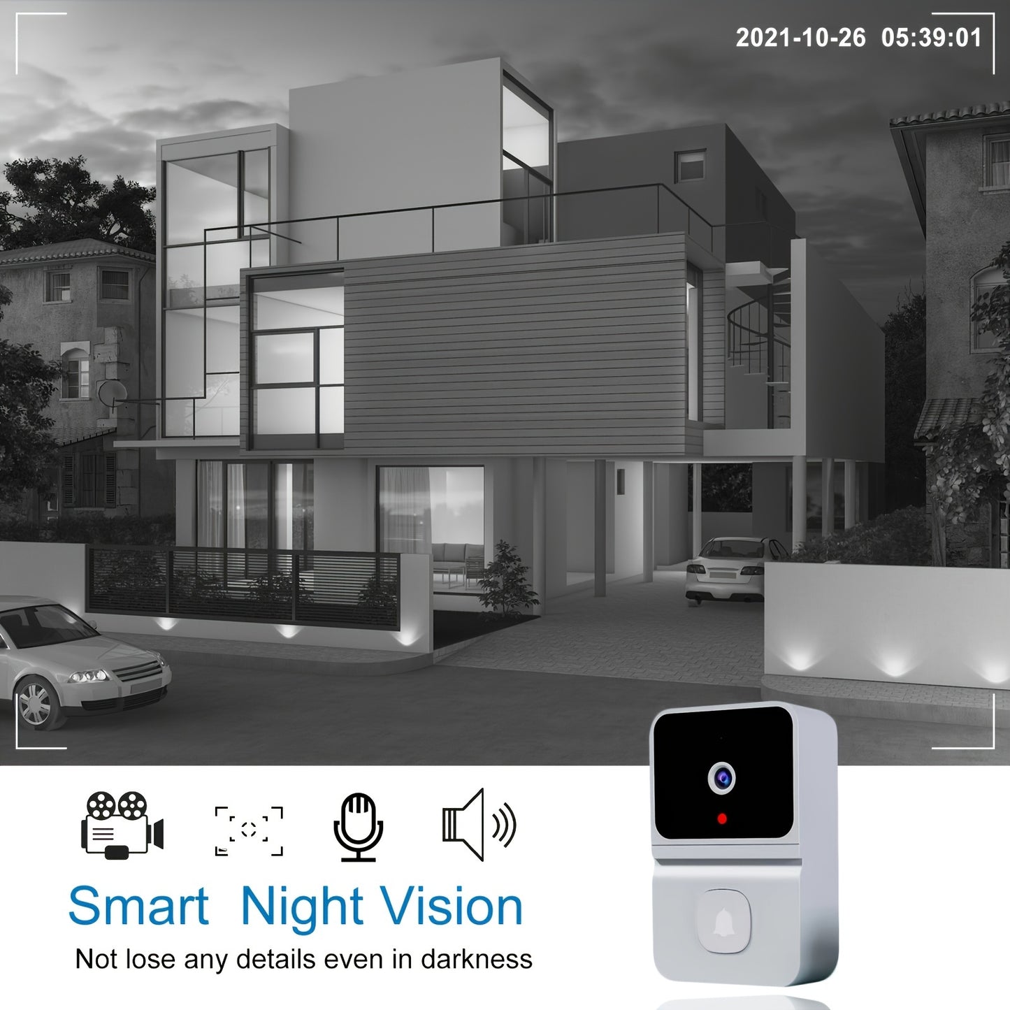 Smart WiFi doorbell with built-in battery featuring 2-way audio, night vision, USB rechargeable, low power consumption, and sleek black design. Supports 2.4G WiFi for easy home surveillance