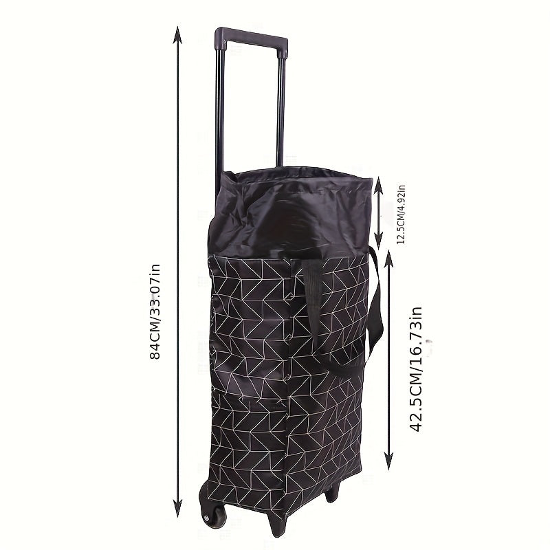 A durable metal frame trolley shopping cart with insulation layer, rolling plastic wheels, foldable and lightweight design for easy travel. Features drawstring closure, built-in pockets, and no electricity required.