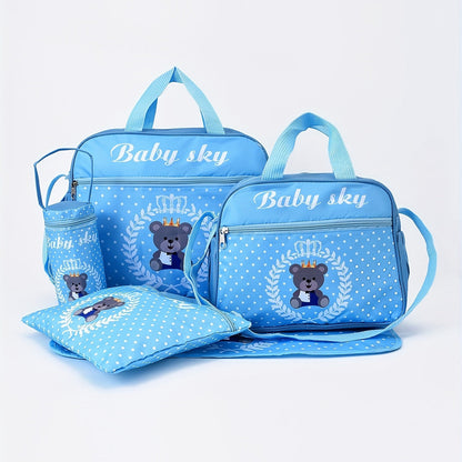 Five-piece set of fashionable bear-printed mommy bags with large capacity, featuring a multifunctional design for carrying as a one-shoulder messenger bag or diaper bag.