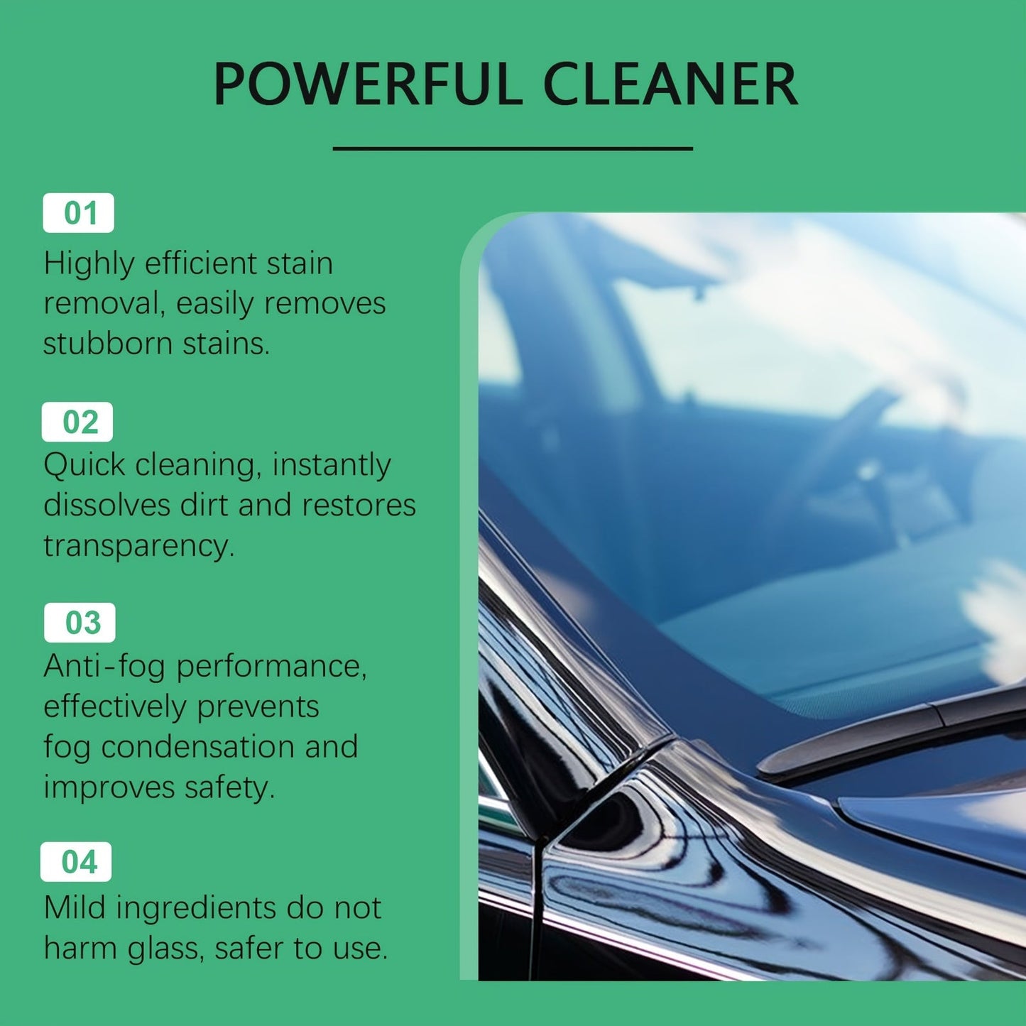 1 bottle of Homonth Powerful Glass Cleaner Concentrate, featuring a low odor citric acid formula. This liquid multipurpose cleaner is designed for glass, mirrors, and windows. It is rainproof and anti-fog, effectively removing stains and restoring