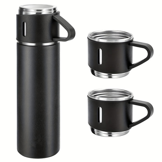 Business thermal mug with stainless steel thermo material, 500ml capacity, vacuum insulated bottle with cup for hot and cold drinks.