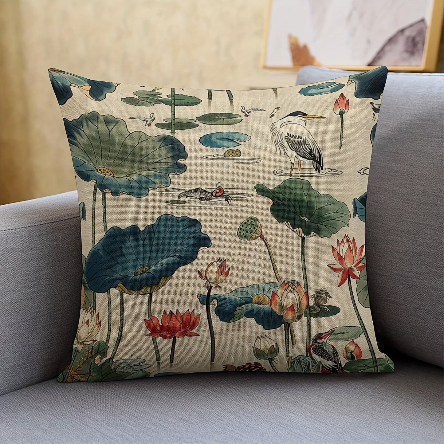 18x18 Chinese Style Linen Throw Pillow Cover featuring Birds and Lotus Print - Machine Washable with Zipper Closure. Single sided design, insert not included.