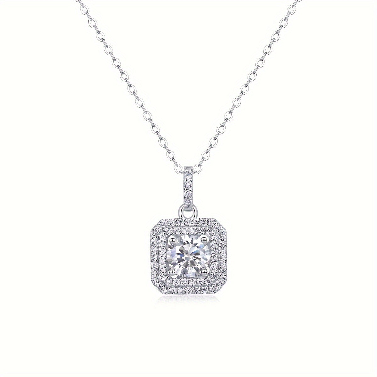 This stylish Moissanite pendant necklace is made of 925 sterling silver and coated with 18K gold, featuring a square halo design. It comes on a collarbone chain and includes a gift box, making it perfect for Valentine's Day, engagements, weddings