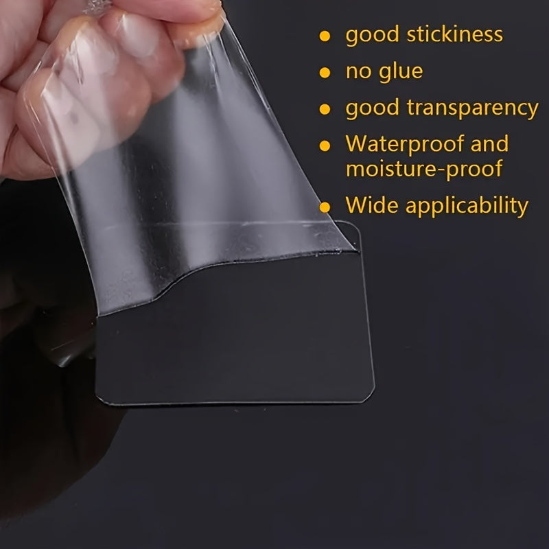 Waterproof clear mounting tape with strong adhesive for plastic, glass, metal, stone, and drywall - no need for drilling or nails.