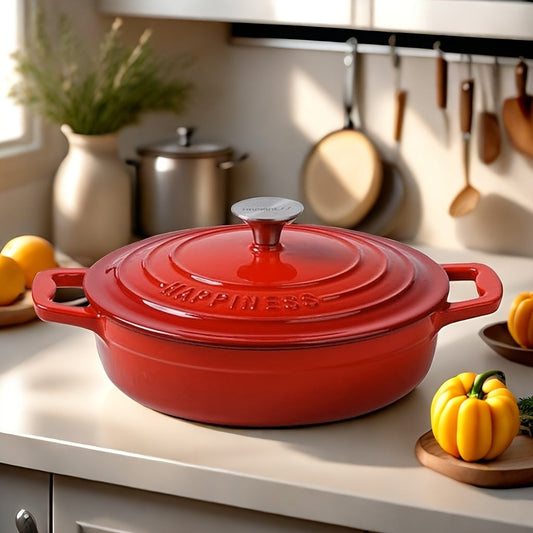 This versatile enamel seafood pot can be used for frying, cooking, stewing, or baking. It has a flat bottom that allows it to be used on the stove or in the oven.