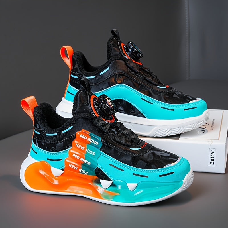 Mid-top youngsters athletic sneakers with breathable and non-slip design. Features hook-and-loop fastener strap, colorful cloud pattern, and letter design. Durable EVA sole suitable for all