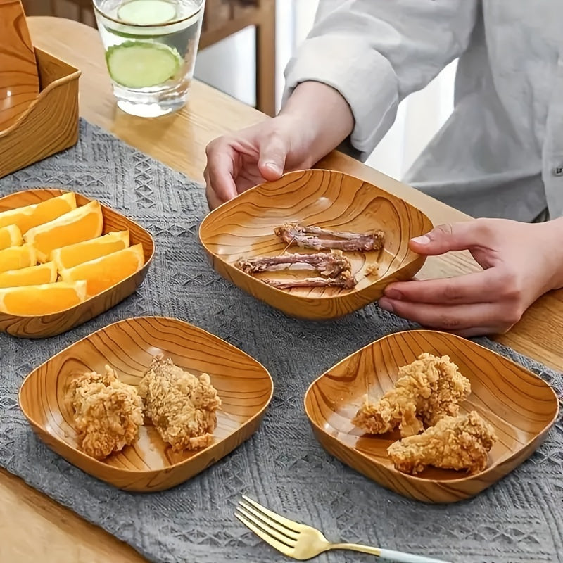 8-piece set of durable and easy-to-clean plastic serving plates with Japanese wood grain design, perfect for serving snacks, fruit, candy, and desserts.