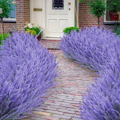 4 bundles of artificial lavender faux plastic purple flowers for indoor and outdoor home decor.