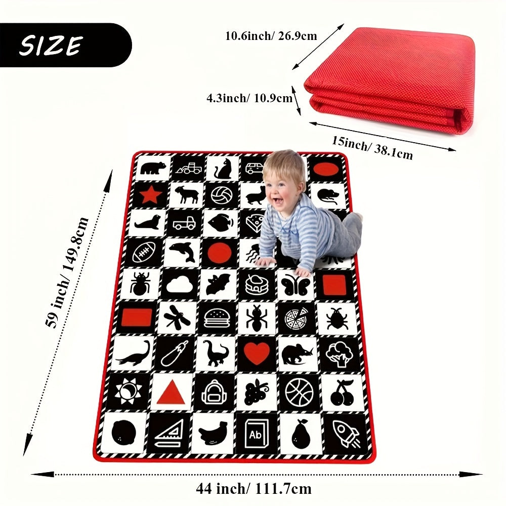 This Large, Thick 0.6cm Floor Mat is Ultra-Soft for Crawling, featuring High Contrast Animal, Fruit & Vehicle Designs. Ideal for Tummy Time, Learning, and Play. In Black & White, with Shapes Toy included. Perfect for Play Mats.