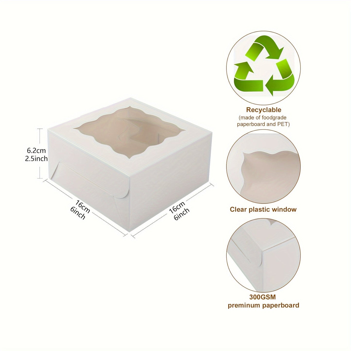 10/25 pieces of cake boxes with a clear window, measuring 15.24x15.24x6.35 cm. These white bakery boxes are perfect for cakes, pastries, chocolates, biscuits, pie, birthday parties, weddings, Valentine's Day, homemade desserts, and baking packaging