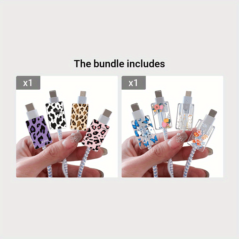 4-piece leopard print set for Apple IOS mobile phone charging cables, includes fixing clip, protective cover, anti-break wire, cute fruit and flower designs.