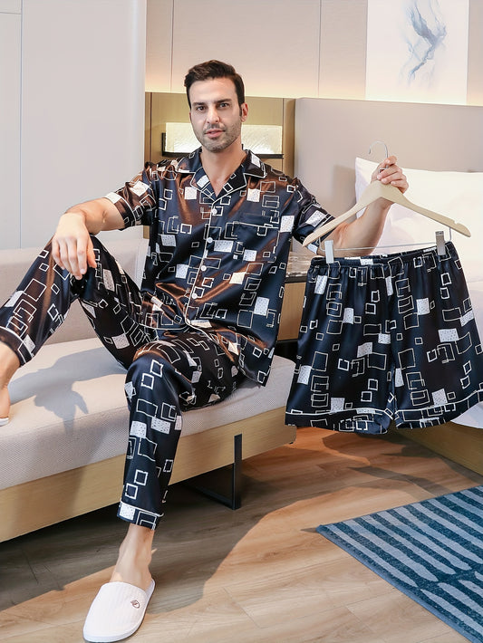 Men's summer sleepwear set with short sleeves, shorts, long pants, geometric print, and collared cardigan.