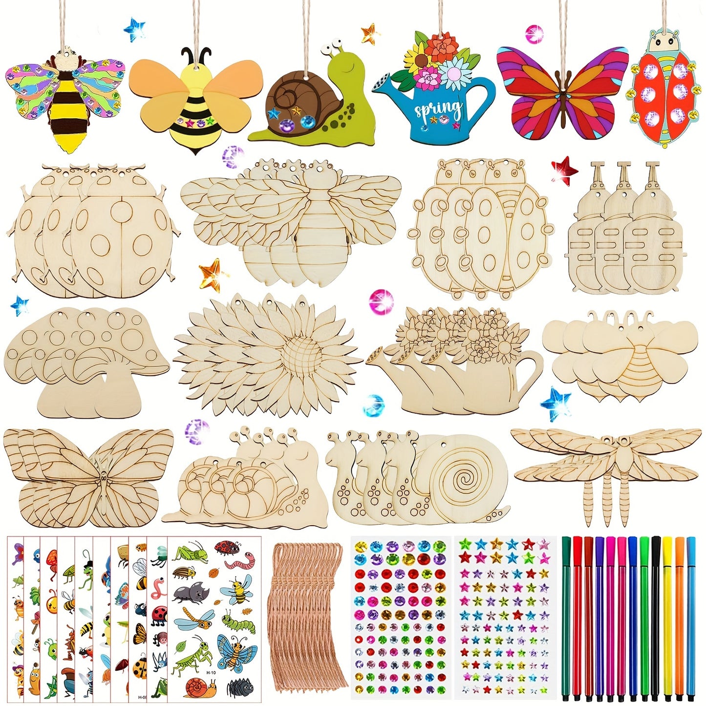 288 wooden insect-themed crafts for kids, including 36 blocks, 12 watercolor pens, 202 rhinestones, and 2 stickers, ideal for DIY birthday crafts.