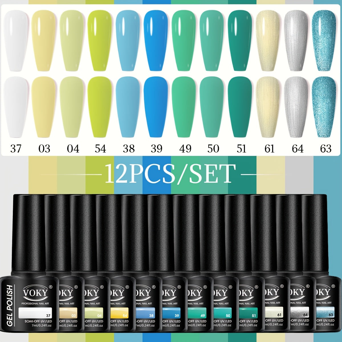 12-bottle gel polish set for fall/winter with long-lasting, semi-permanent colors and glitter. Alcohol-free formula that is low in allergy and formaldehyde-free.