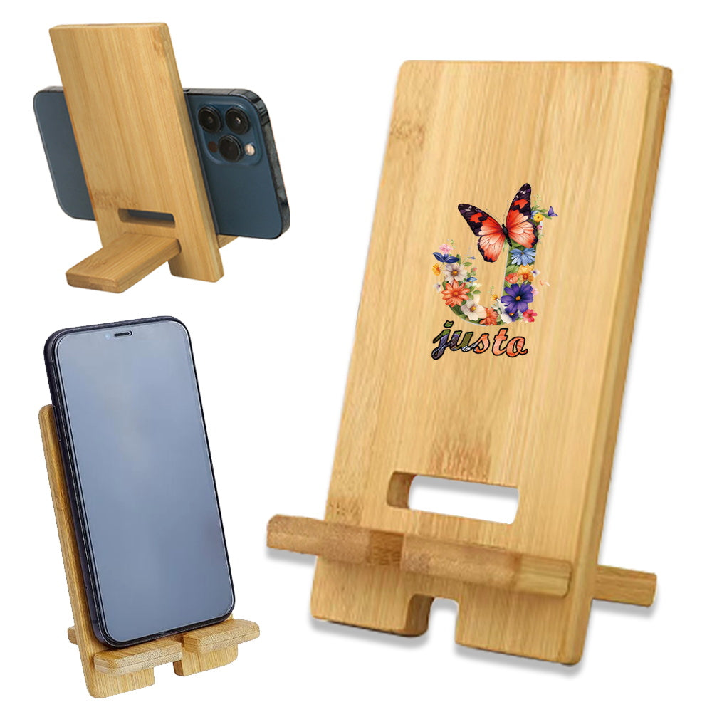 Personalized Wooden Cell Phone Stand with Custom Name - This detachable and universal phone holder is perfect for your desk or on the go. Made of wood, it features a convenient charging hole and can be customized with your name or a personalized DIY