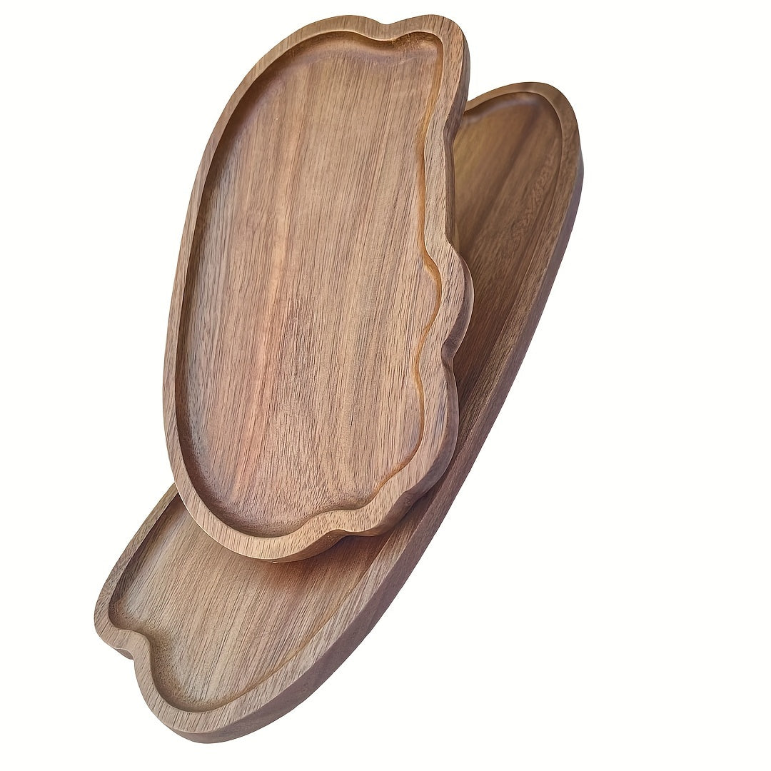 Acacia wood serving tray with smooth polished surface, irregular shape. Ideal for cheese, bread, fruits, and vegetables. Perfect for kitchen, restaurant, café, weddings, and holiday decor. Unique shape and wooden texture.