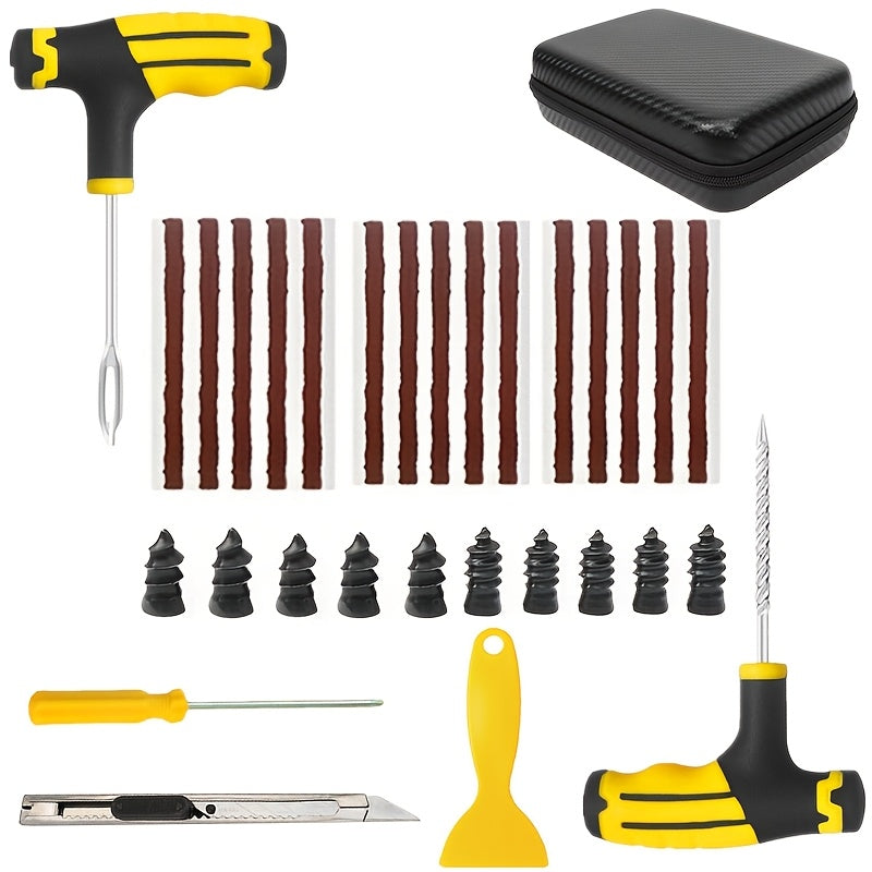 Tire repair kit for emergencies, includes puncture plug tool and inflation nozzle.