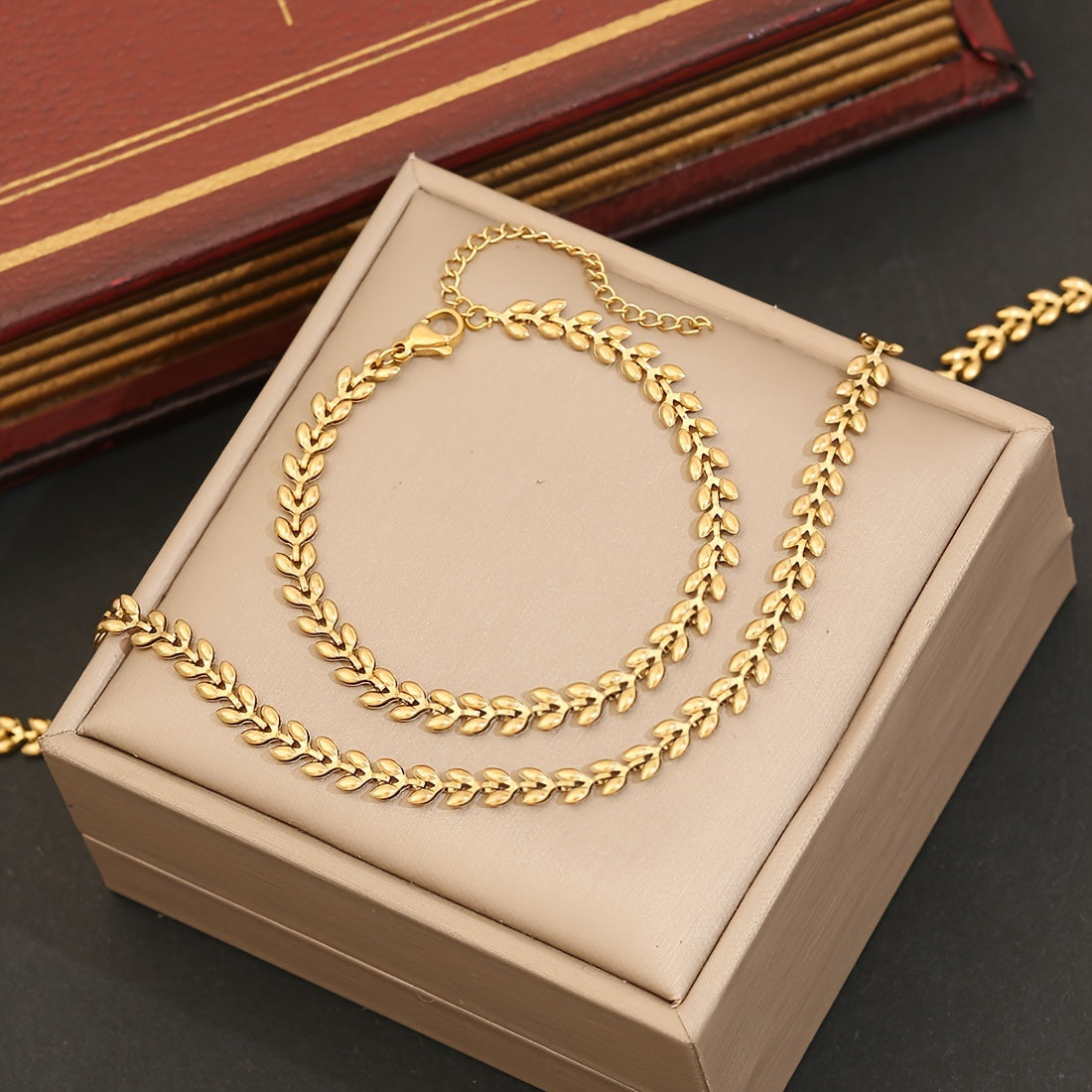 Stunning 18K Gold Plated Stainless Steel Wheat Sheaf Necklace Set for Women - Elegant Chain Necklace and Bracelet Duo perfect for Everyday Wear, a Romantic Valentine's Day Present, and Versatile for All Seasons