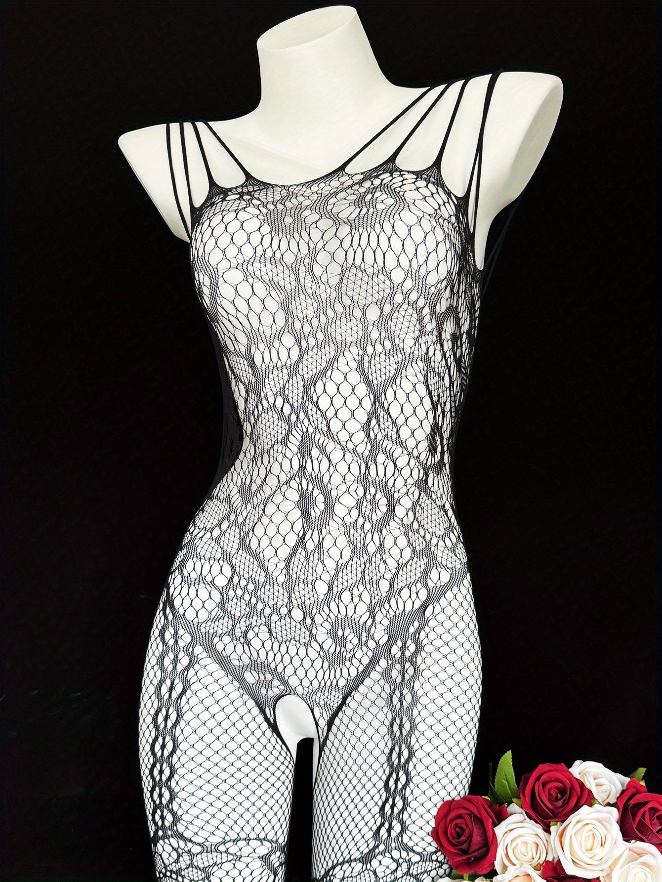 Seductive fishnet bodysuit with jacquard sleeves, crotchless design, and garter socks. Perfect Valentine's Day gift with high quality, comfortable, and stretchy fabric that fits just right.