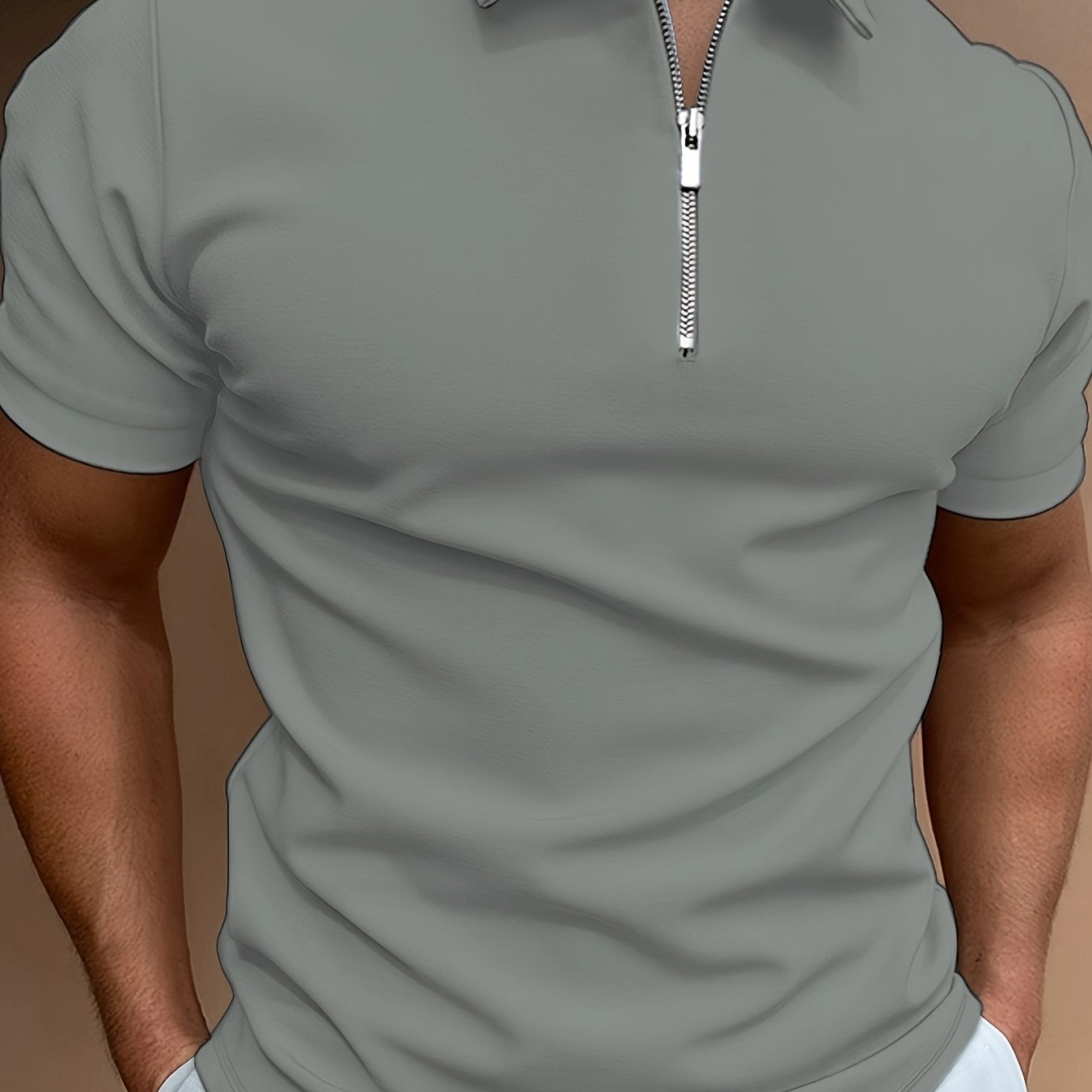 Men's classic white shirt with short sleeves, zipper collar, and stretch polyester fabric - ideal for casual summer style and golf.