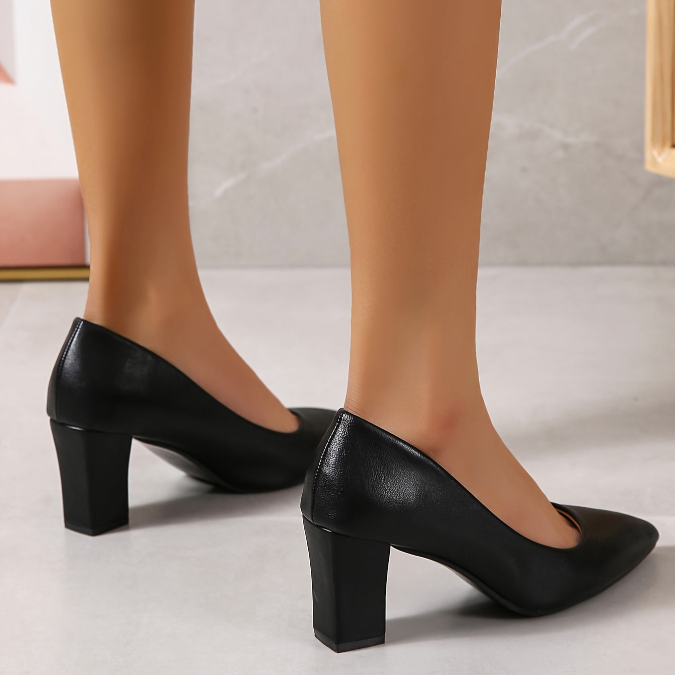 Women's black pointed-toe pumps with chunky heel and PU cover suitable for all-season wear, must be hand or dry cleaned.