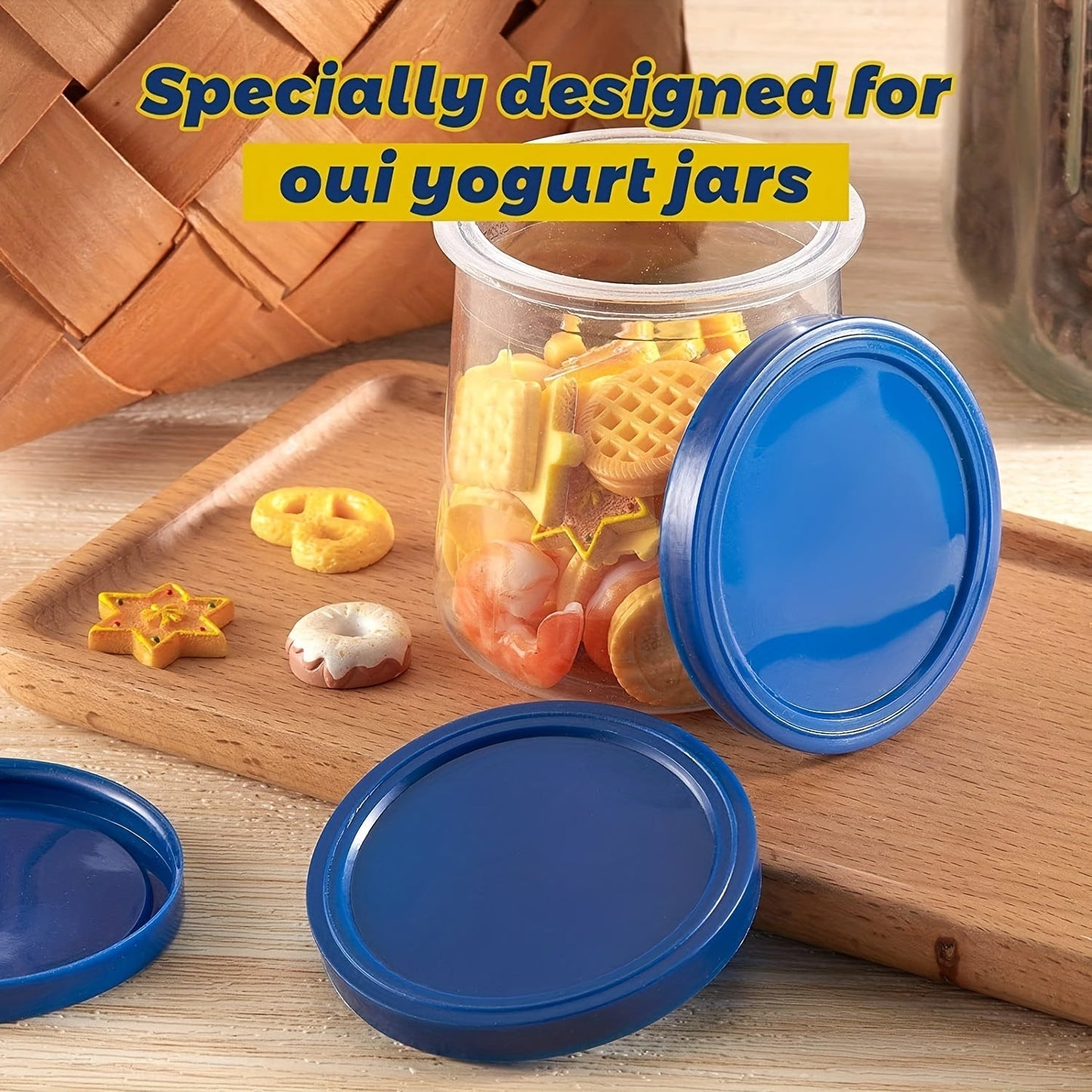 30 to 60 pieces of Oui Yogurt Jar Lids. These clear plastic blue lids are perfect for cookie and coffee supplies, as well as storing glass jars in the kitchen. Perfect for kitchen storage needs.