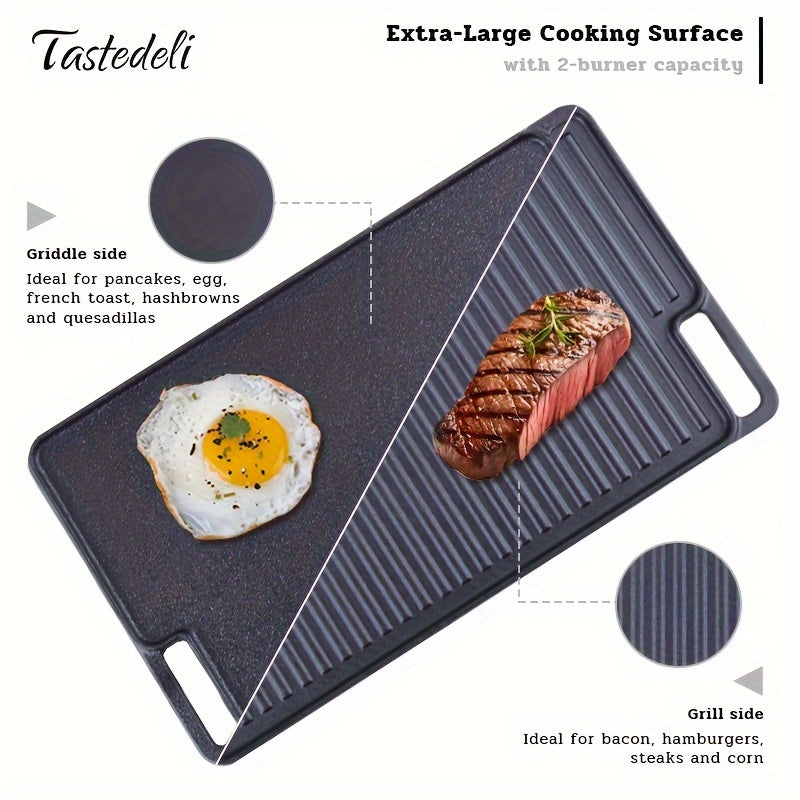 Introducing the Tastedeli 45.72x25.4cm Pre-Seasoned Cast Iron Double Grill/Griddle! Ideal for Outdoor Camping, Picnics & BBQs - TASTEDELI