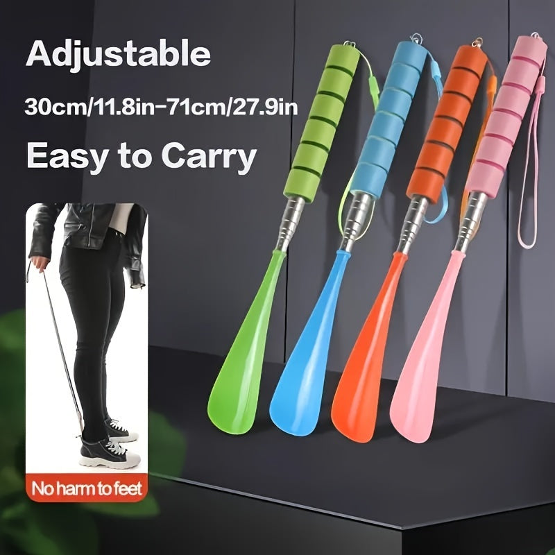 Telescopic stainless steel shoe horn with non-slip grip and adjustable length for easy footwear assistance on the go.