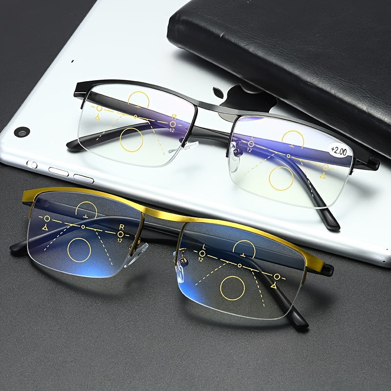 Automatic dual-purpose multi-focus reading glasses for men and women with anti-blue light technology and half-frame design.