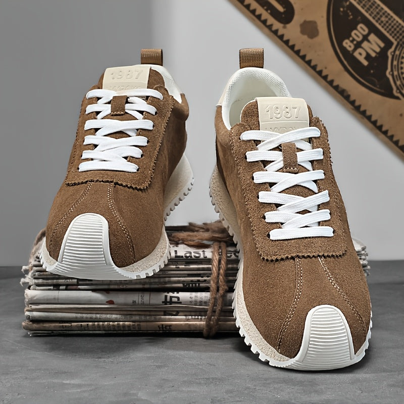 Men's vintage brown sneakers with white rubber sole, lace-up, round toe - durable and comfortable for various occasions.